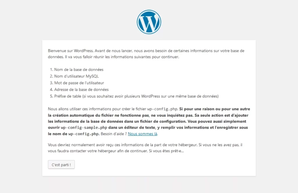 Premier écran d'installation WordPress