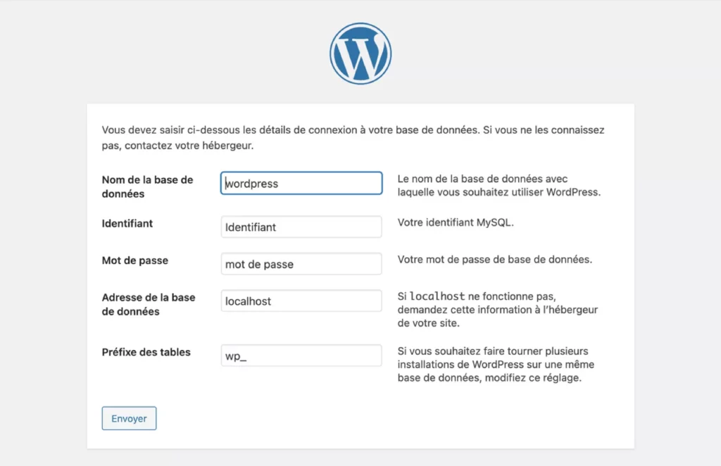 Deuxième écran d'installation WordPress
