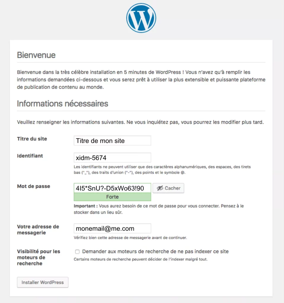 4ème écran d'installation WordPress
