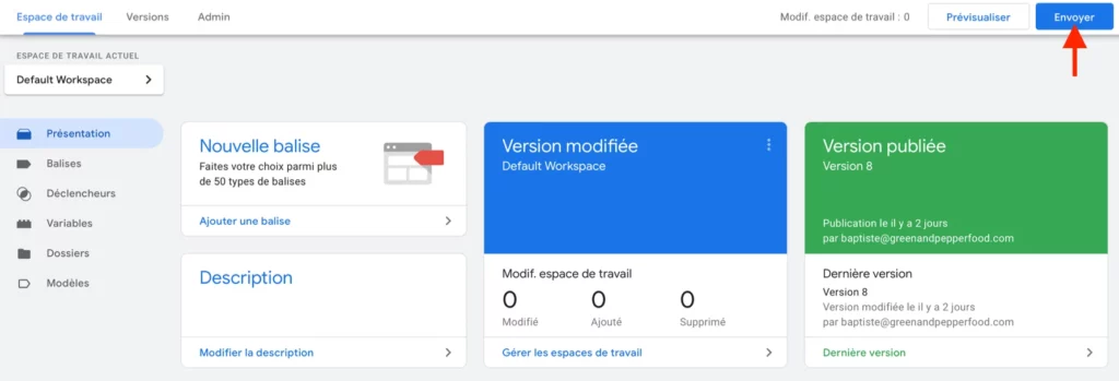 envoyer modifications google tag manager