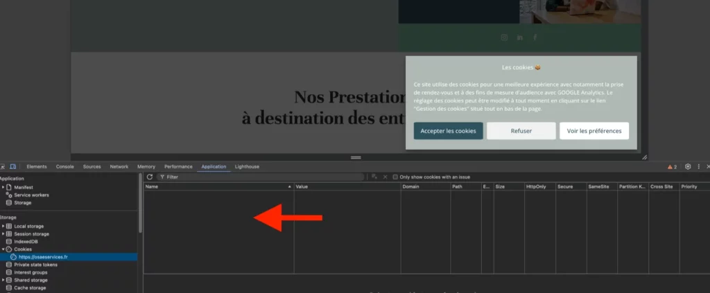 Résultat dans l'inspecteur de Chrome : il n'ya aucun cookie déposé